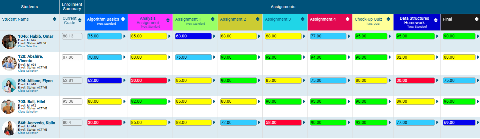 Gradebook interface